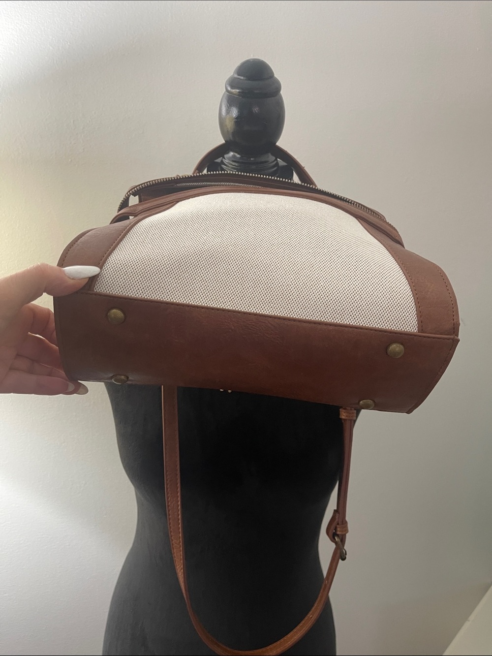 Liz Soto Faux and Canvas Satchel-Brown and Cream - Picture 9 of 13